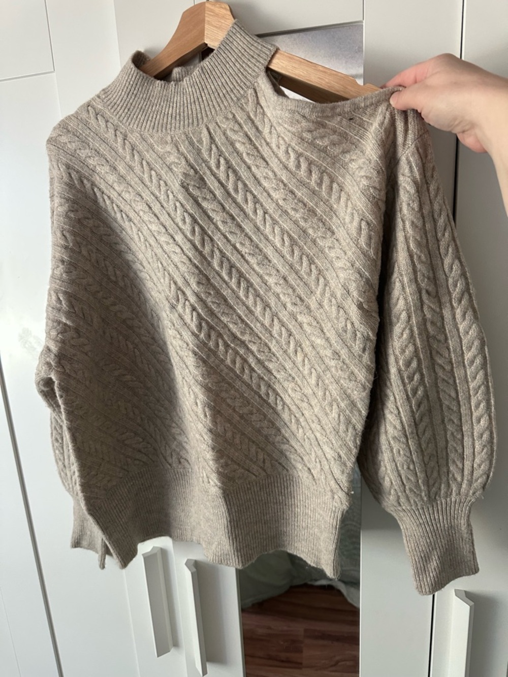 Express Women's Cable Knit Mock Neck Sweater with Cold Shoulder Detail - Beige - Picture 2 of 6